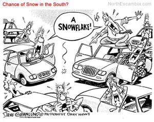 This is actually remarkably true. We make a ridiculously big deal out of snow.